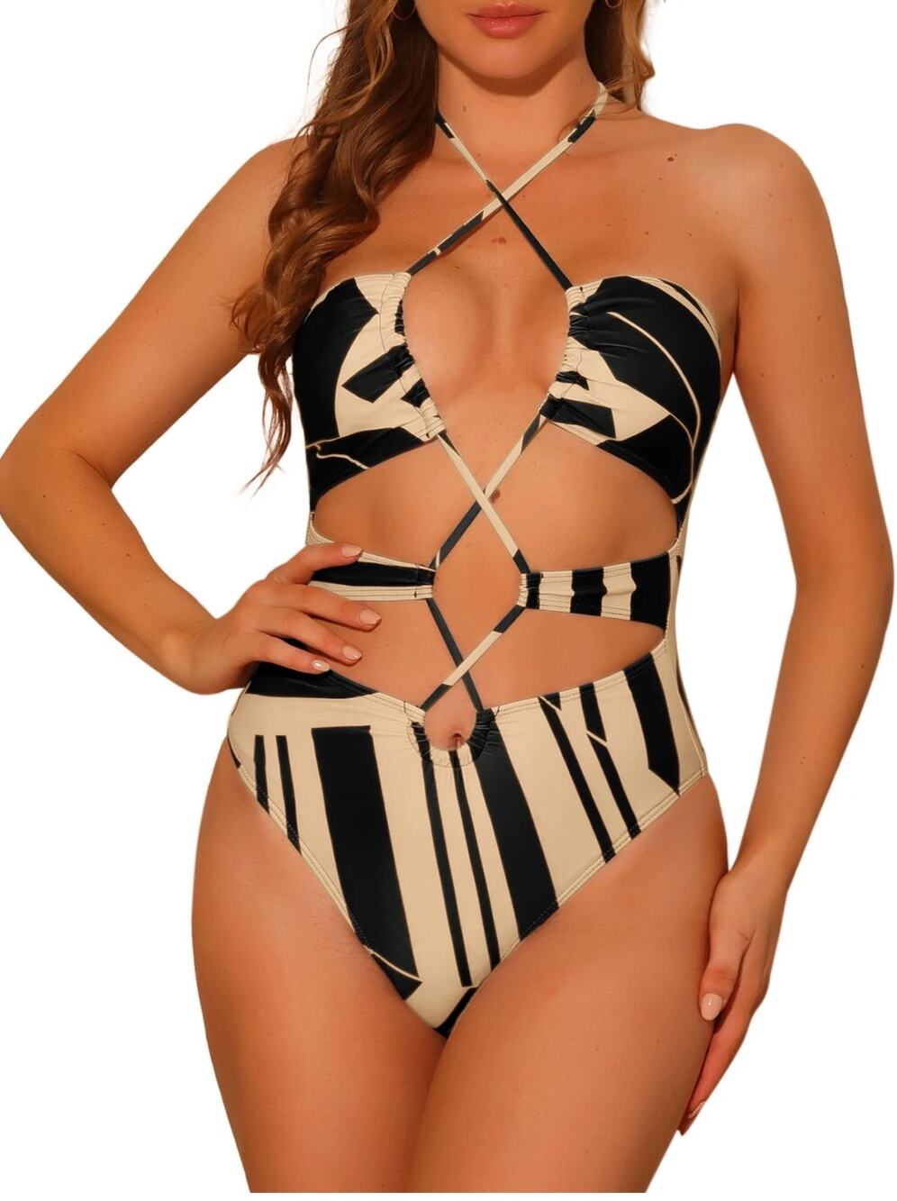 INSPIRE CHIC Halter Criss Cross 1 Piece String Cut Out Swimsuit $55 New Large